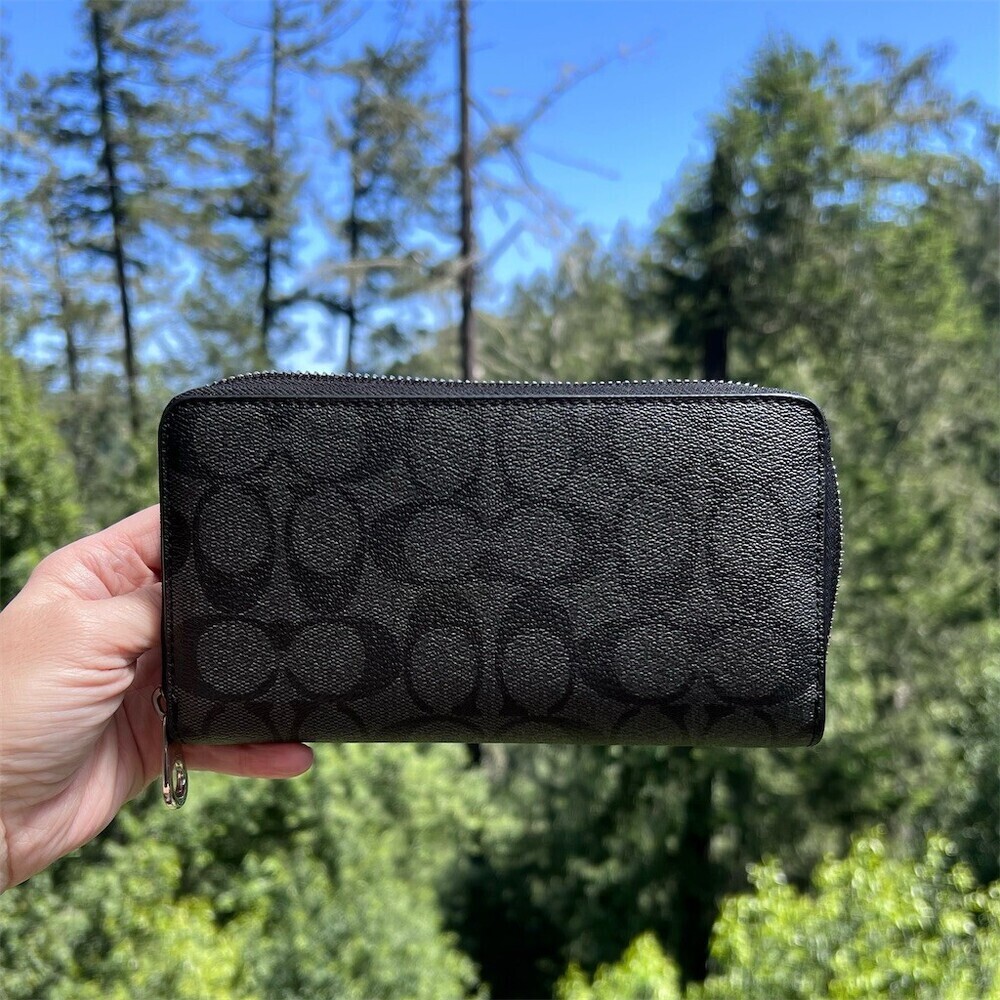 COACH Long Zip-Around Wallet Signature Canvas Graphite w Silver Hardware AUTHNTC - Picture 2 of 11
